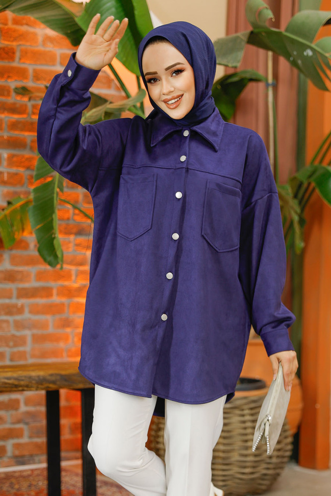 Düğmeli Lacivert Tesettür Süet Gömlek 10305L - NEVA STYLE