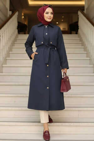 Düğmeli Lacivert Tesettür Trençkot 62131L - 1