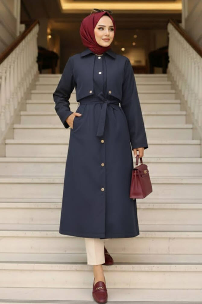 Düğmeli Lacivert Tesettür Trençkot 62131L - 1