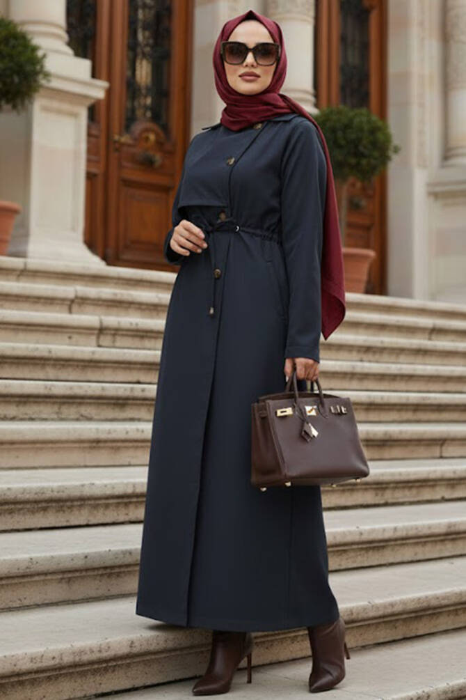 Düğmeli Lacivert Tesettür Trençkot 62231L - N.S NEVA STYLE
