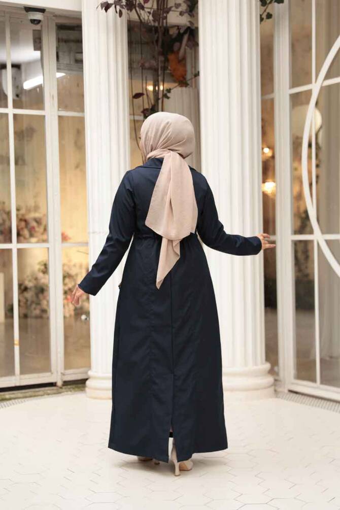Düğmeli Lacivert Tesettür Trençkot 62231L - 3