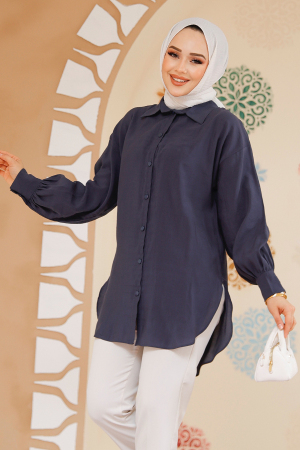 Düğmeli Lacivert Tesettür Tunik 10059L - 3