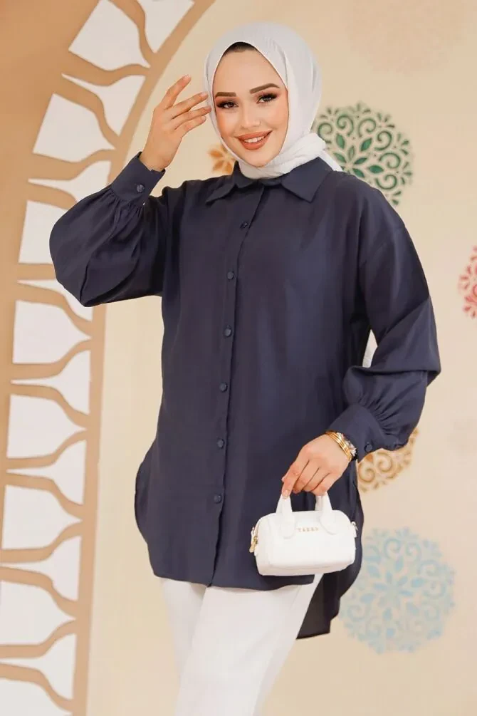 Düğmeli Lacivert Tesettür Tunik 10059L - 1