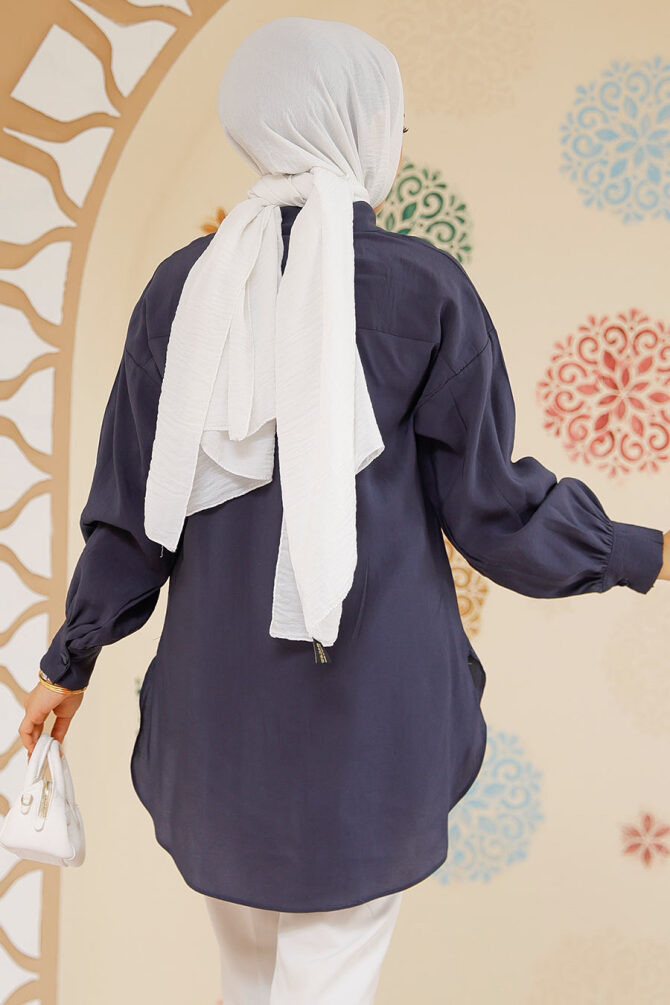 Düğmeli Lacivert Tesettür Tunik 10059L - 4