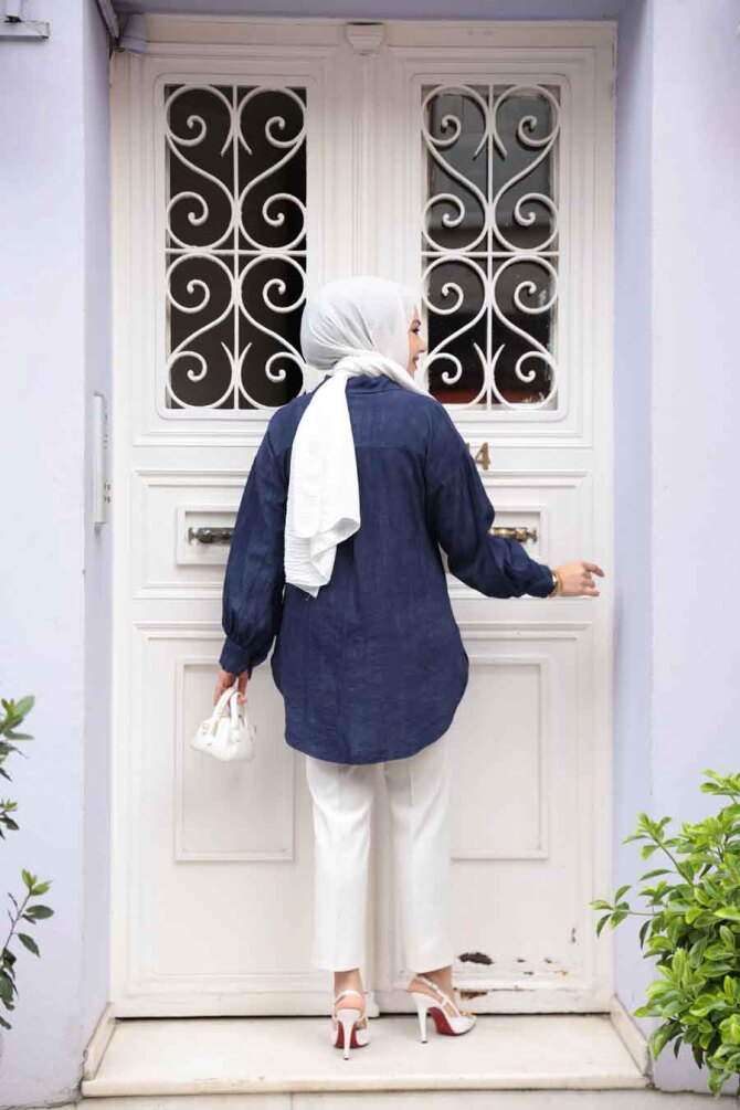 Düğmeli Lacivert Tesettür Tunik 10113L - 3