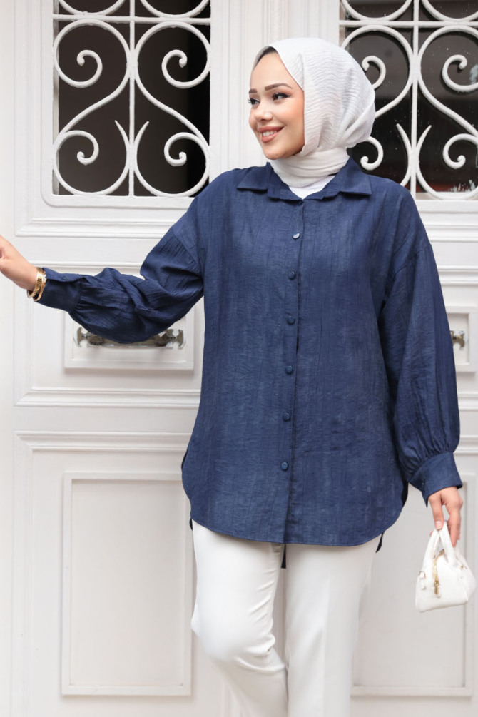 Düğmeli Lacivert Tesettür Tunik 10113L - 2