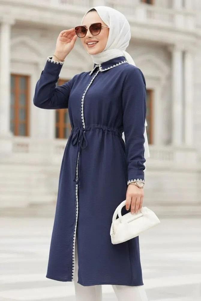 Düğmeli Lacivert Tesettür Tunik 10177L - 1