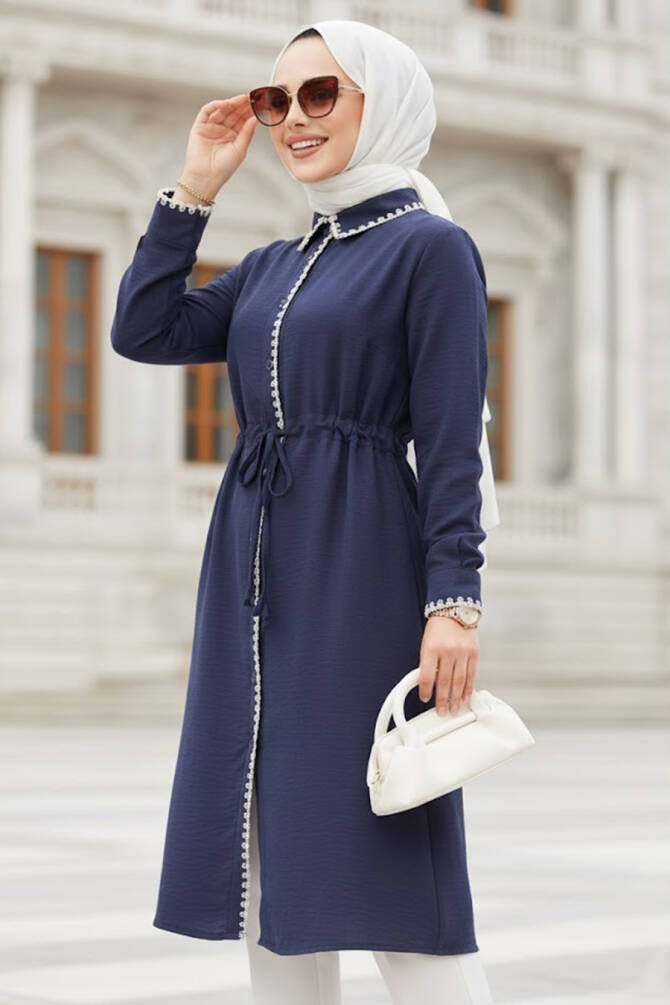 Düğmeli Lacivert Tesettür Tunik 10177L - 1