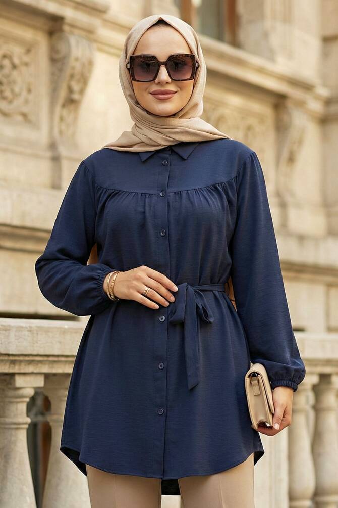 Düğmeli Lacivert Tesettür Tunik 10184L - N.S NEVA STYLE