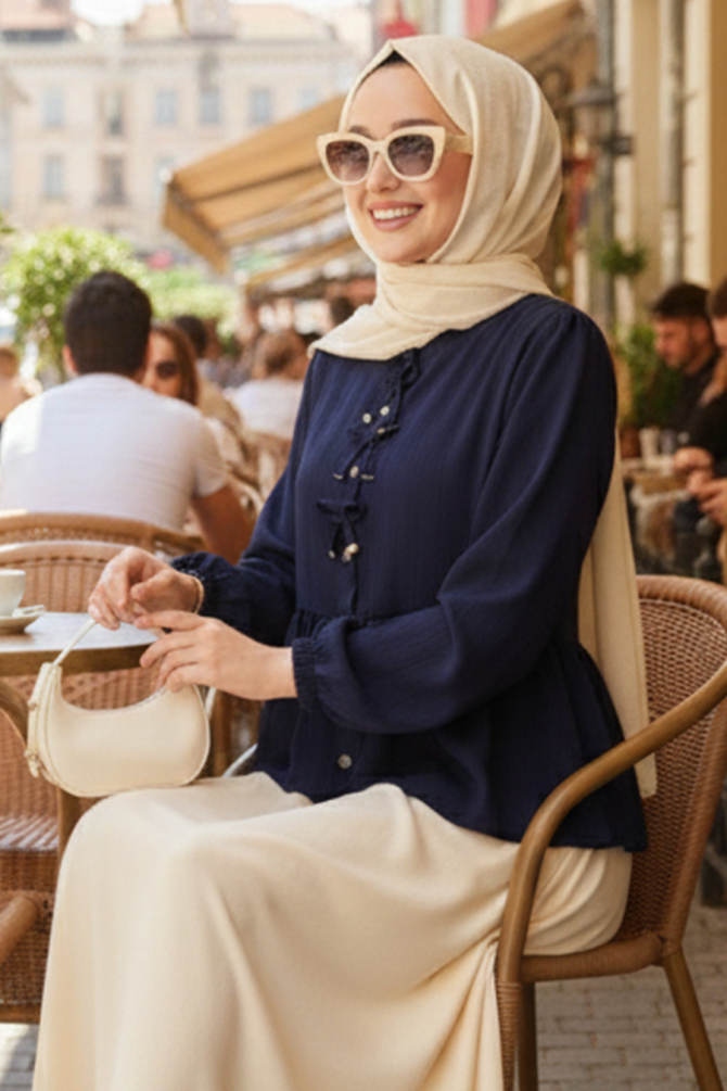 Düğmeli Lacivert Tesettür Tunik 11002L - 2