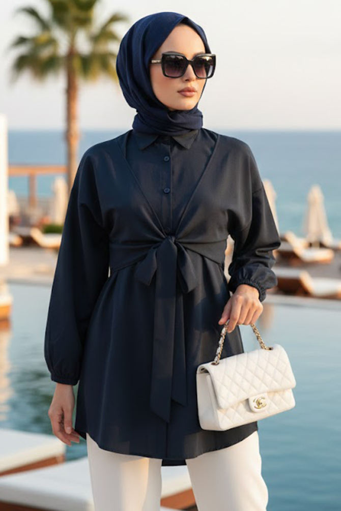 Düğmeli Lacivert Tesettür Tunik 20316L - 1