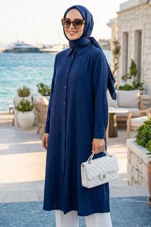 Düğmeli Lacivert Tesettür Tunik 41652L 