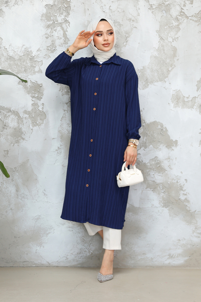 Düğmeli Lacivert Tesettür Tunik 45071L - 1
