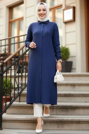 Düğmeli Lacivert Tesettür Tunik 70381L - 1
