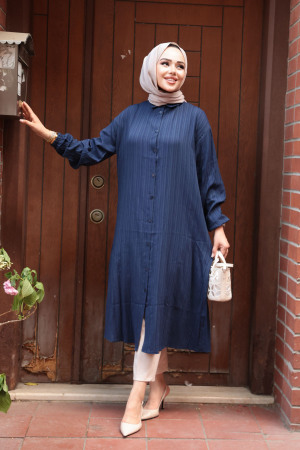 Düğmeli Lacivert Tesettür Tunik 70551L - 2