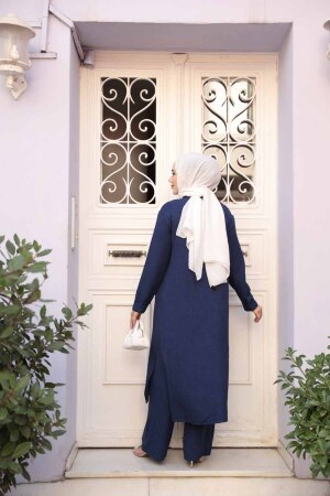 Düğmeli Lacivert Tesettür Üçlü Takım 76591L - 4
