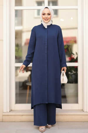 Düğmeli Lacivert Tesettür Üçlü Takım 76591L 