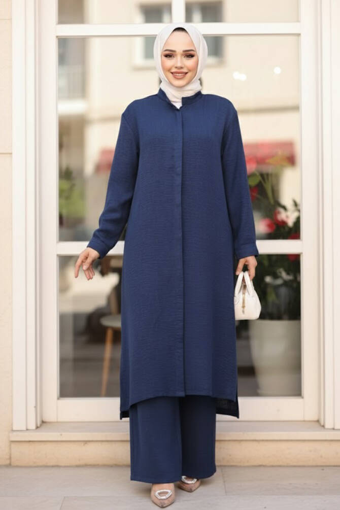 Düğmeli Lacivert Tesettür Üçlü Takım 76591L - N.S NEVA STYLE