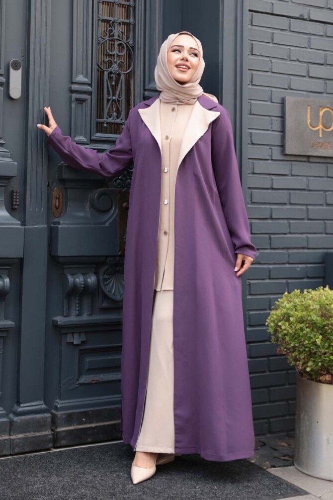 Düğmeli Lila Tesettür Üçlü Takım 76221LILA - 2