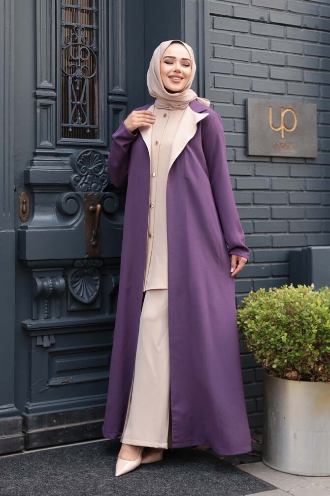 Düğmeli Lila Tesettür Üçlü Takım 76221LILA - 4