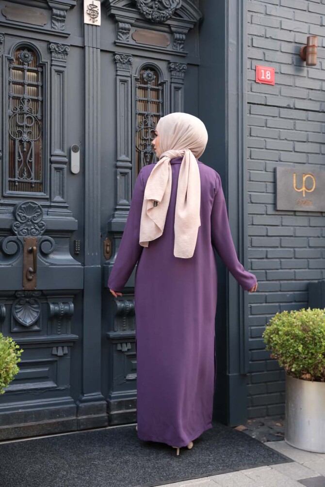 Düğmeli Lila Tesettür Üçlü Takım 76221LILA - 5