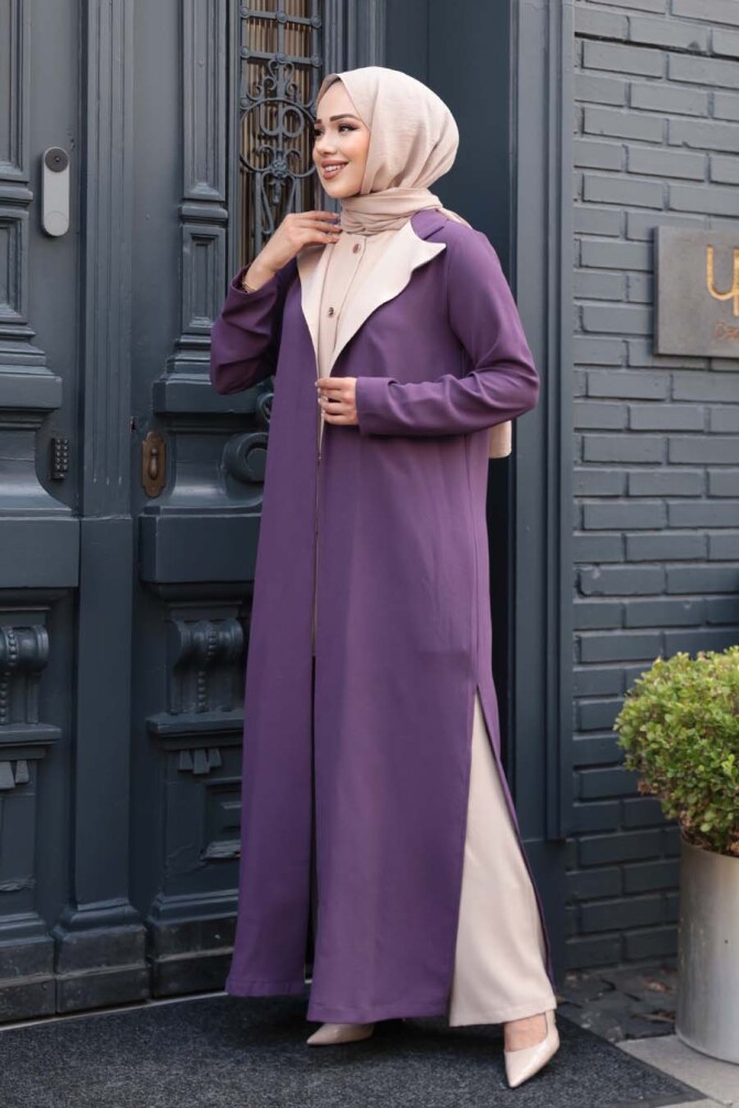 Düğmeli Lila Tesettür Üçlü Takım 76221LILA - N.S NEVA STYLE