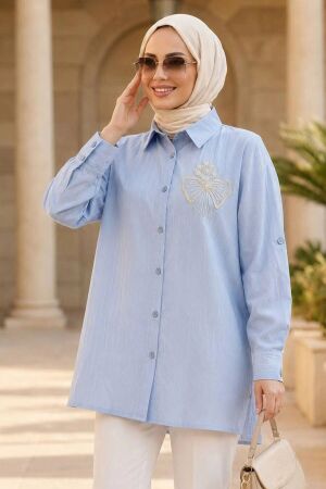 Düğmeli Mavi Çilek Kumaş Tesettür Tunik 11201M 