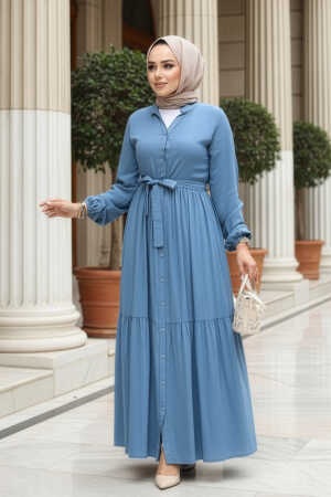 Düğmeli Mavi Tesettür Elbise 239202M 