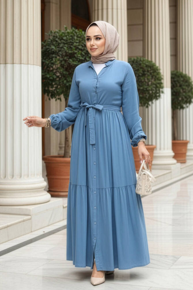 Düğmeli Mavi Tesettür Elbise 239202M - 1