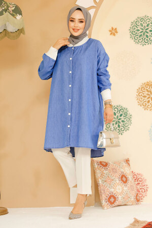 Düğmeli Koyu Mavi Tesettür Kot Gömlek 70112KM - NEVA STYLE