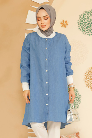 Düğmeli Mavi Tesettür Kot Gömlek 70112M - NEVA STYLE