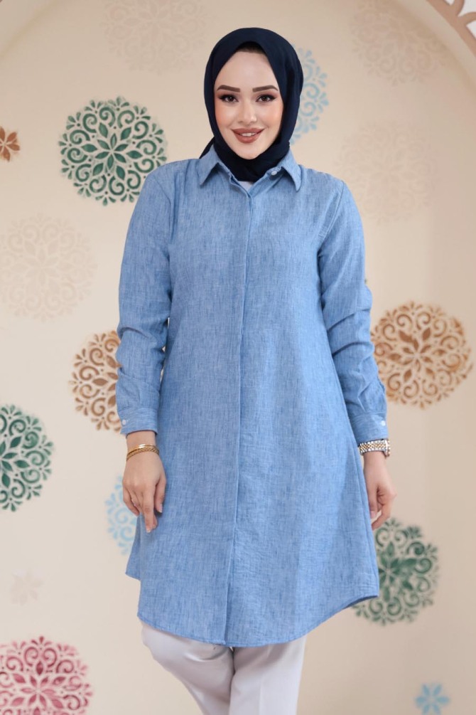 Düğmeli Mavi Tesettür Tunik 11734M - NEVA STYLE