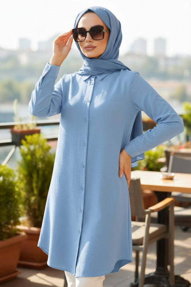 Düğmeli Mavi Tesettür Tunik 11751M - 1