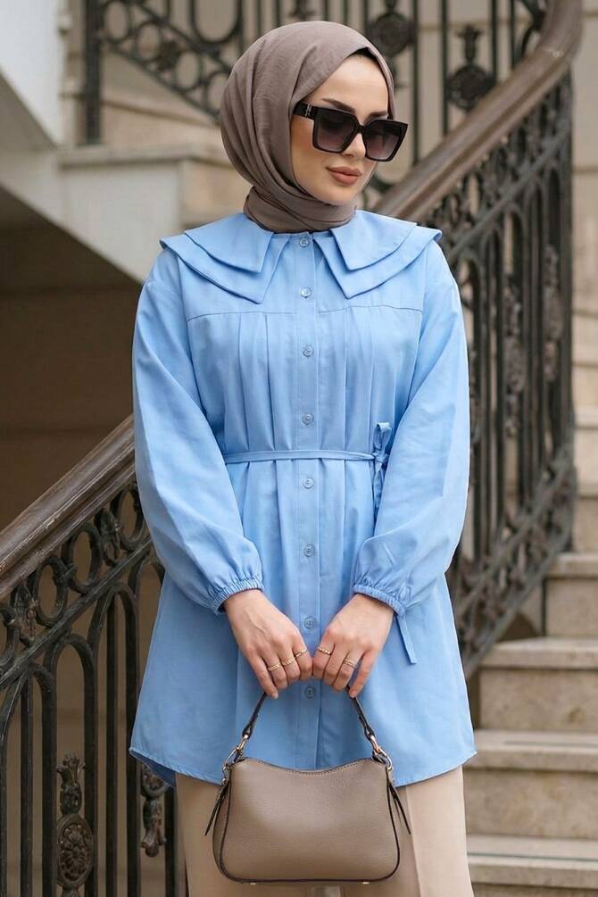 Düğmeli Mavi Tesettür Tunik 20228M - 1