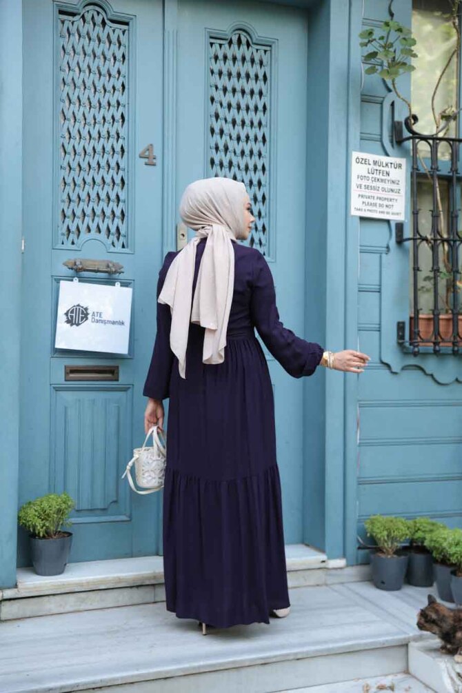 Düğmeli Mor Tesettür Elbise 239202MOR - 4