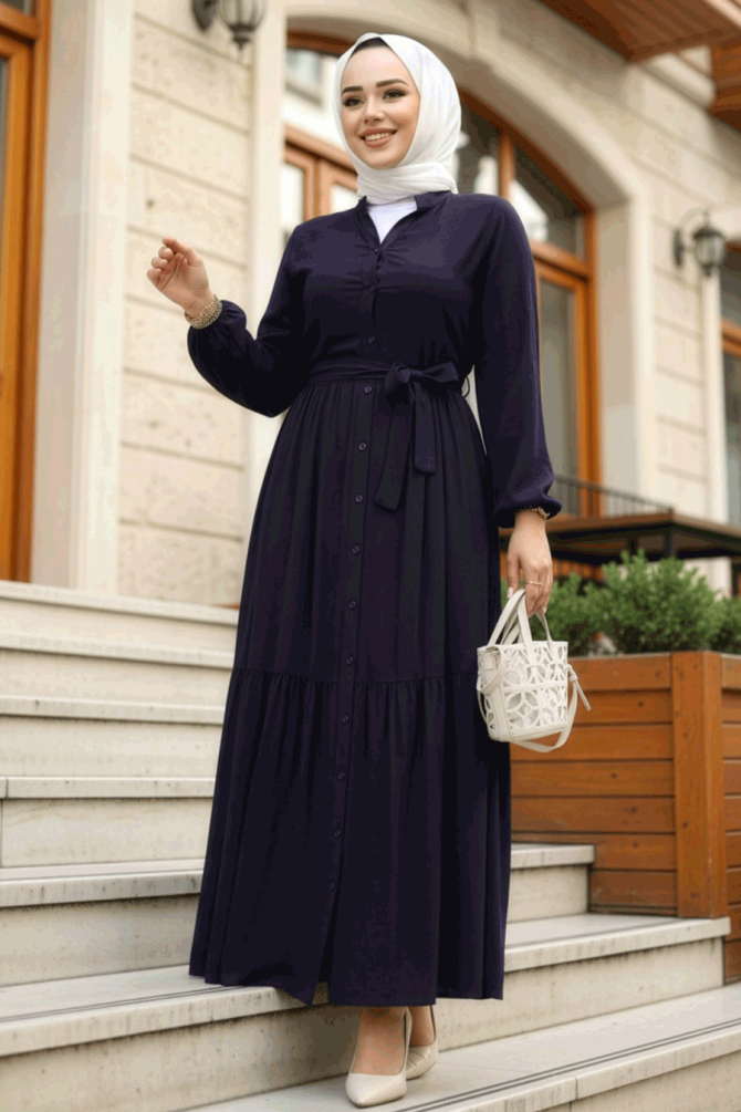 Düğmeli Mor Tesettür Elbise 239202MOR - 1