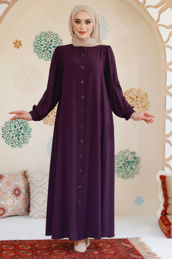 Düğmeli Mürdüm Tesettür Abaya 45283MU - 2
