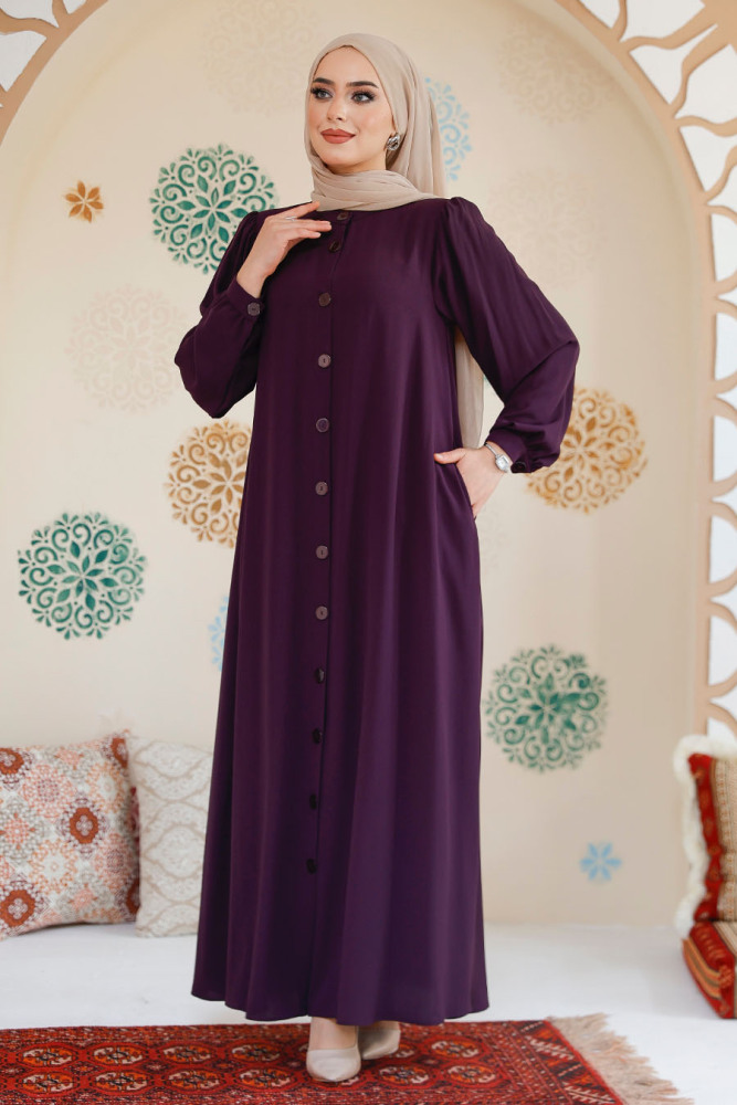 Düğmeli Mürdüm Tesettür Abaya 45283MU - 4