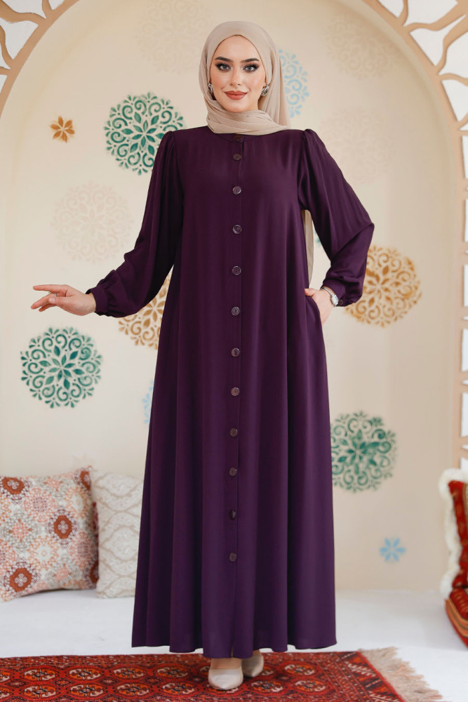 Düğmeli Mürdüm Tesettür Abaya 45283MU - 1