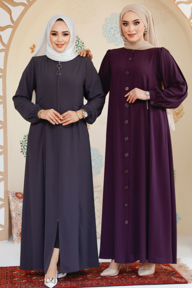 Düğmeli Mürdüm Tesettür Abaya 45283MU - 3