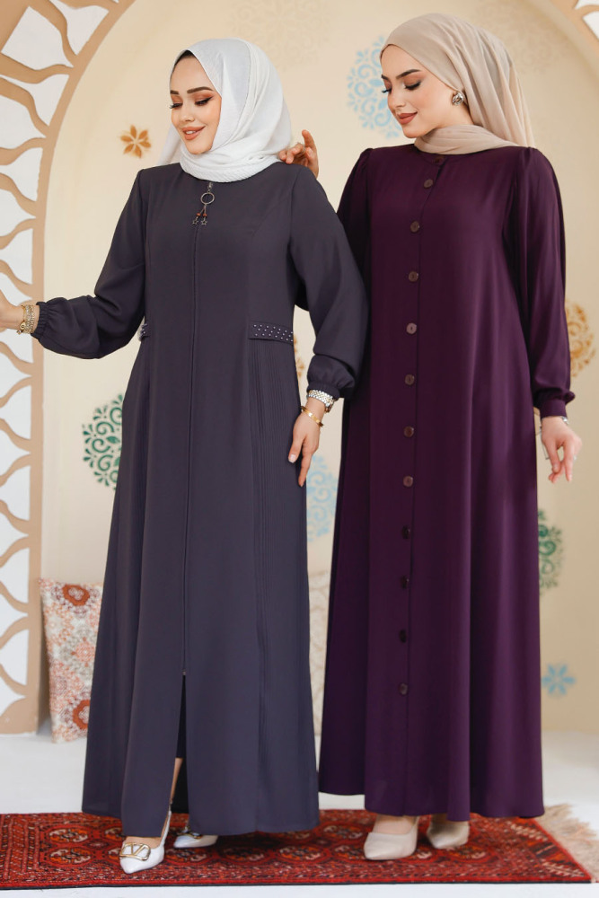 Düğmeli Mürdüm Tesettür Abaya 45283MU - 5