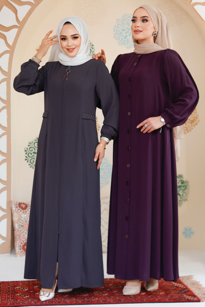 Düğmeli Mürdüm Tesettür Abaya 45283MU - 6