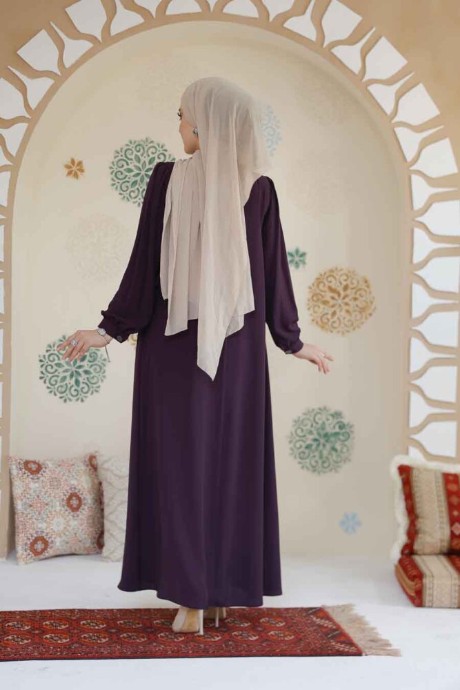 Düğmeli Mürdüm Tesettür Abaya 45283MU - 7