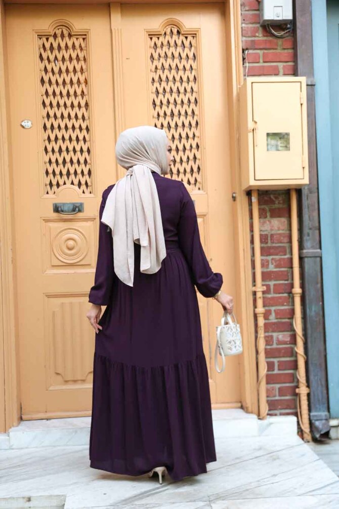Düğmeli Mürdüm Tesettür Elbise 239202MU - 4