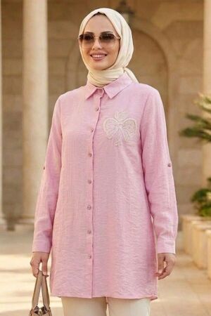 Düğmeli Pembe Çilek Kumaş Tesettür Tunik 11201P 