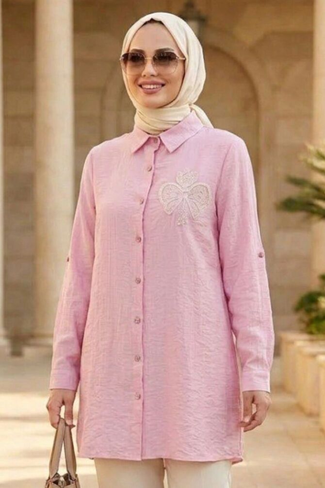 Düğmeli Pembe Çilek Kumaş Tesettür Tunik 11201P - 1
