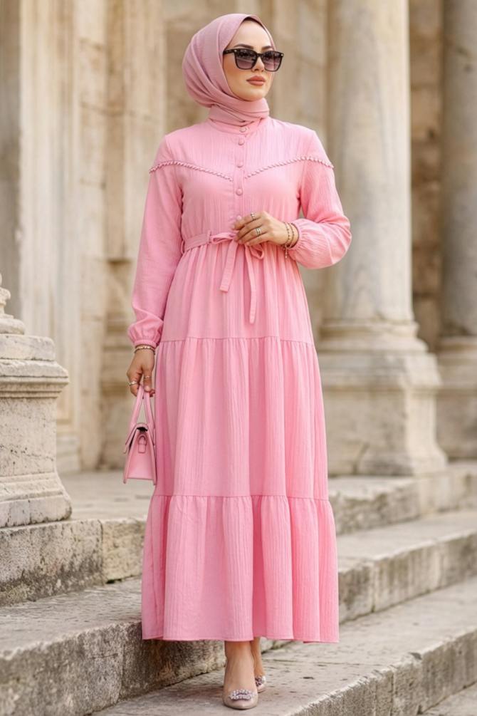Düğmeli Pembe Tesettür Elbise 10213P - 1