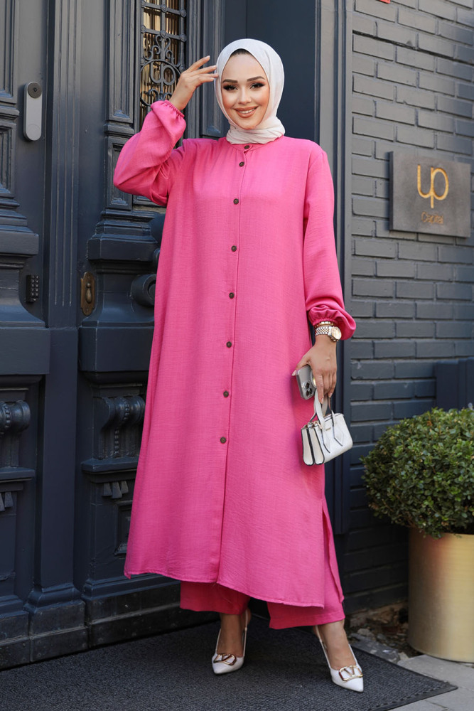 Düğmeli Pembe Tesettür İkili Takım 19017P - 2