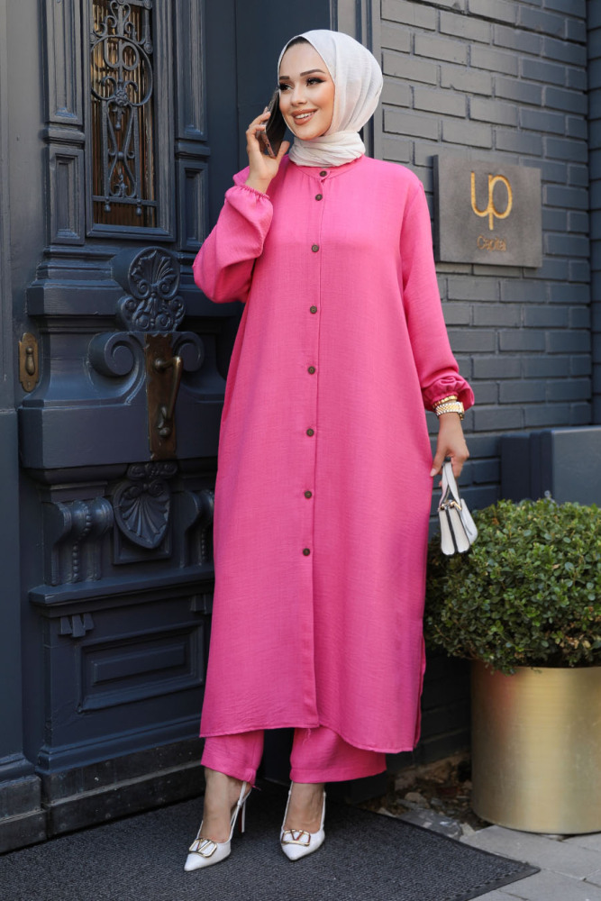 Düğmeli Pembe Tesettür İkili Takım 19017P - 1