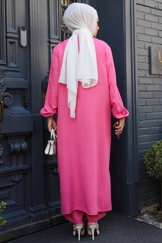 Düğmeli Pembe Tesettür İkili Takım 19017P - 3